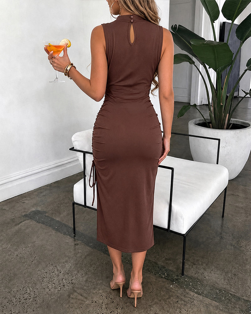 Women's Mock Neck Ruched Midi Dress Sleeveless Side Slit Drawstring Vacation Dress Slim Fit Party Dress - Image 2