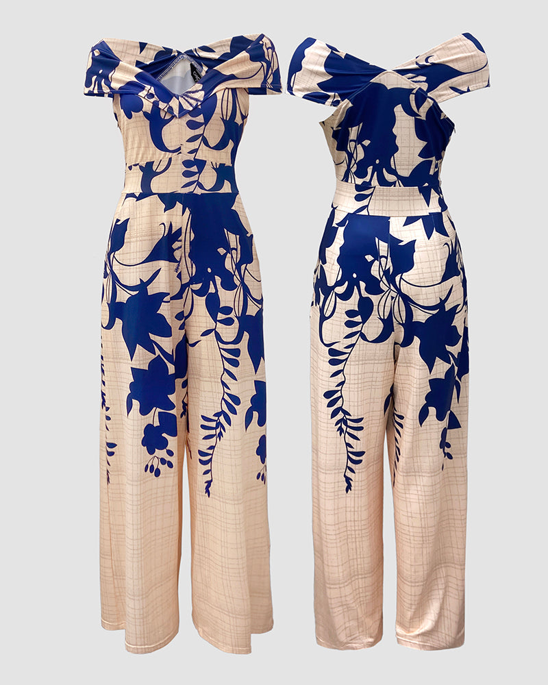Floral Print Off Shoulder Sleeveless Deep V-Neck Jumpsuit Casual Zipper Side Wide Leg Jumpsuit - Image 7
