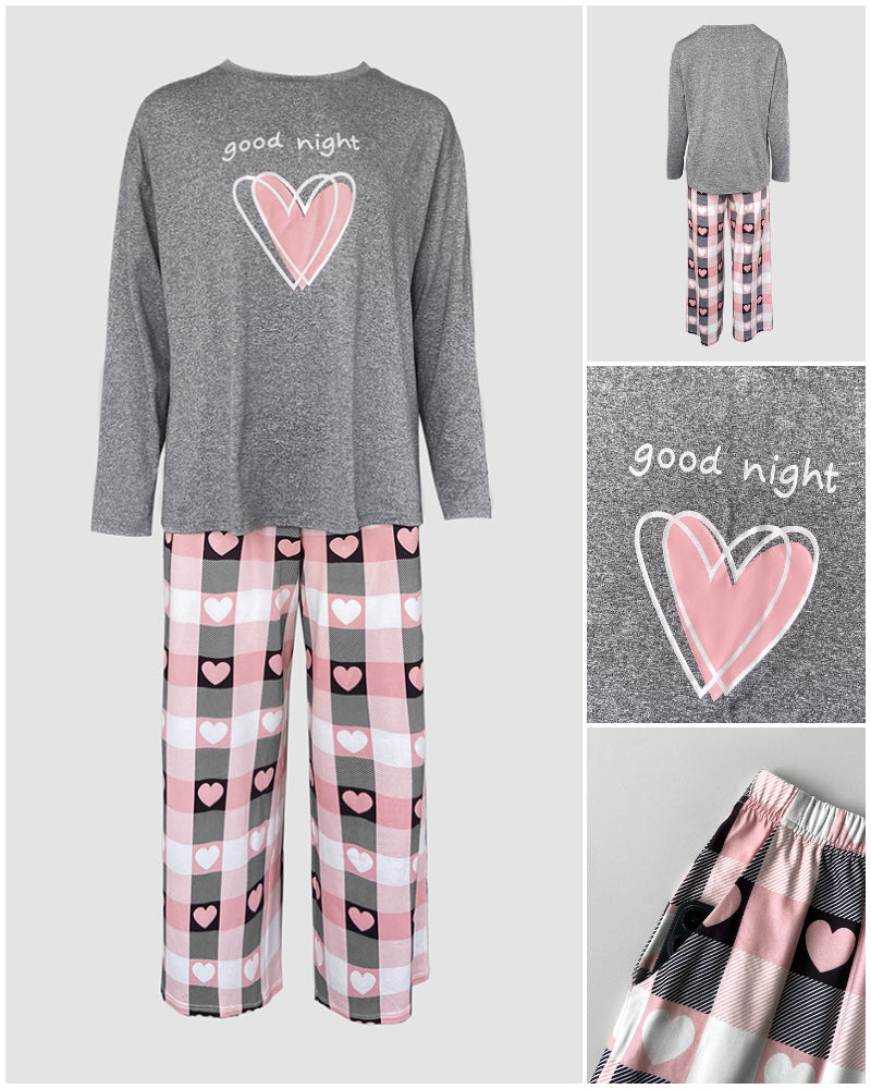 2 Pieces Outfit Good Night Slogan Print Long Sleeve Top and Plaid Print Elastic Waist Pants Set Casual Heart Print Pajamas Set - Image 8