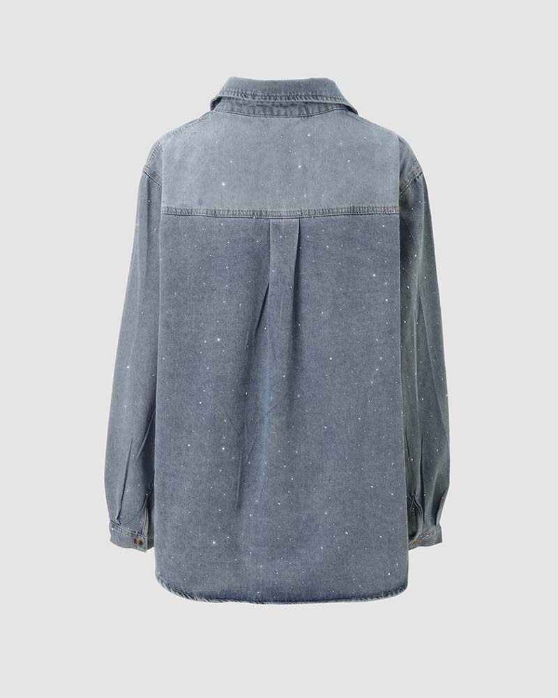 Women's Rhinestone Denim Jacket Washed Button-Down Shacket Sparkling Loose Fit Long Sleeve Casual Outerwear - Image 7