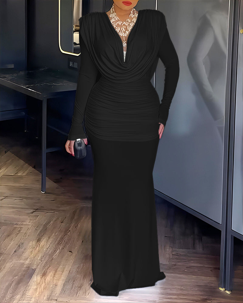 Cowl Neck Ruched Zipper Back Slim Fit Maxi Dress Casual Padded Shoulders Backless Evening Dress - Image 13