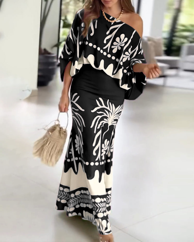 2 Pieces Outfit Skew Neck Lantern Sleeve Loose Fit Top and High Waist Elastic Waist Fishtail Maxi Skirt Set Casual Tropical Print Vacation Set - Image 8