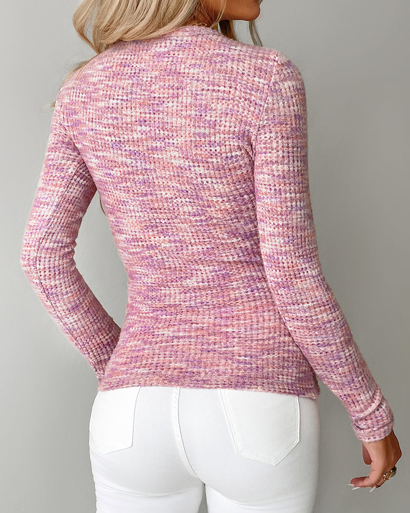 Waffle Knit Multicolor Round Neck Long Sleeve Half Zipper Design Top - Image 2