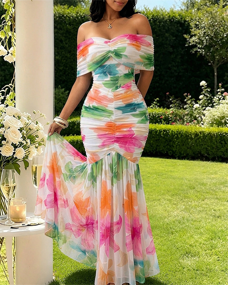 Women's Foldover Off-Shoulder Floral Mermaid Dress Mesh Ruched Maxi Gown with Detachable Clear Straps - Image 3