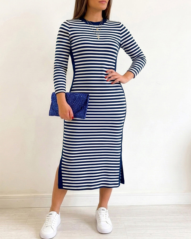 Women's Casual Striped Midi Dress Long Sleeve Crewneck Contrast Side Panel Side Slit T-Shirt Knit Dress with Pockets - Image 3