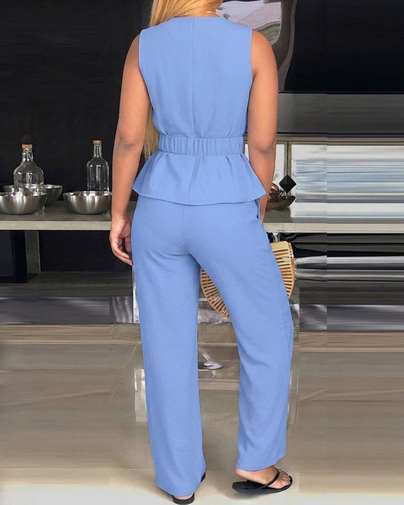 2 Pieces Outfit Pleated Design Deep V-Neck Sleeveless Asymmetrical Hem Top and Casual Elastic Waist Wide Leg Pants Set with Detachable Belt - Image 6