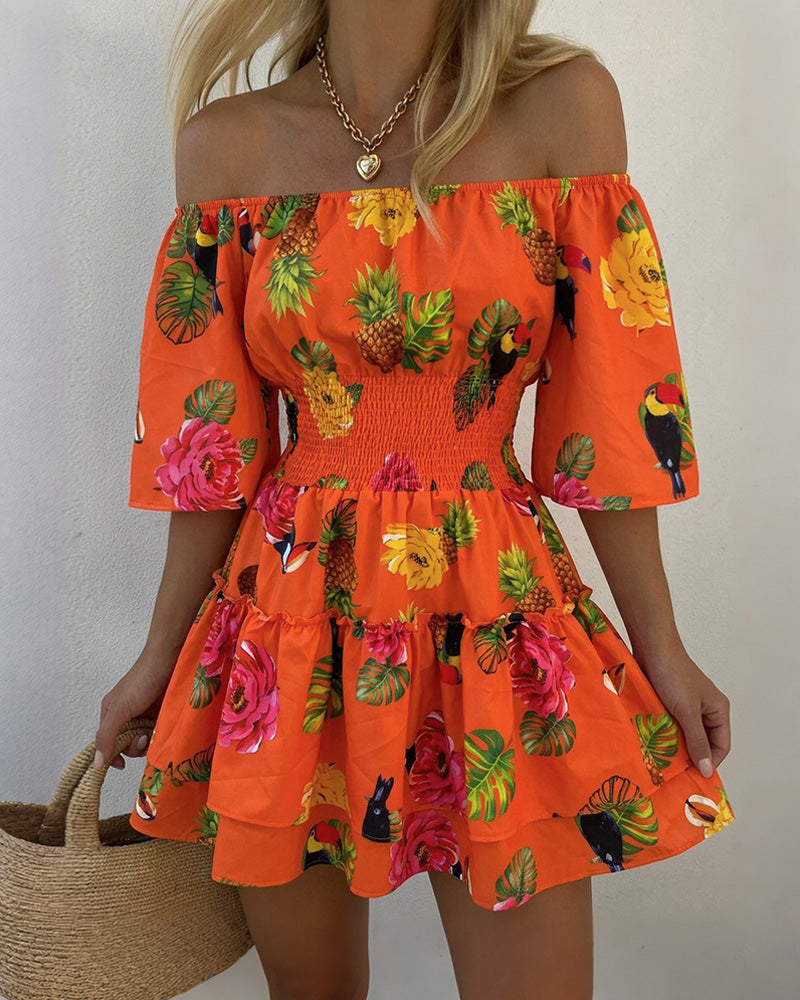 Women's Stretchy Off Shoulder Vacation Dress Tropical Fruit Floral Shirred Waist Ruffle Hem A Line Dress - Image 3