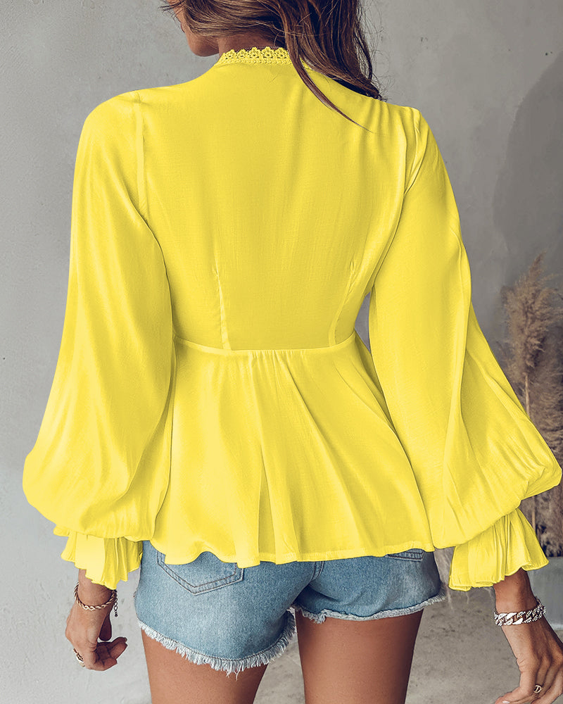 Butterfly Pattern Decor Deep V Neck Long Sleeve Blouse Casual Tie Front Flared Cuffs Lace Trim A-Line Hem Top - Image 7