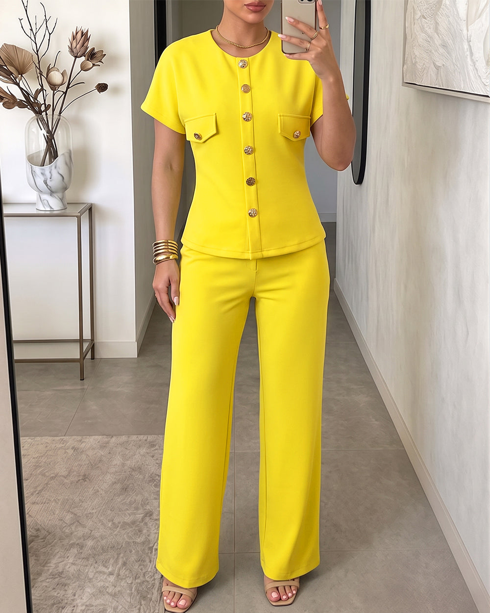 Women's 2 Piece Outfits Short Sleeve Button Down Top and Straight Leg Pants Set Casual Commuter Suits - Image 6