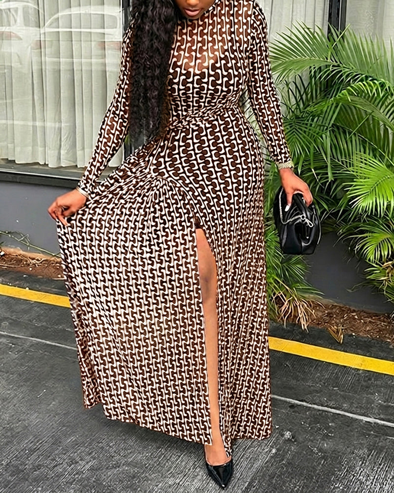 Geometric Print Long Sleeve Waist Tied Detail Maxi Dress Casual Slim Fit Slit Vacation Dress - Image 7