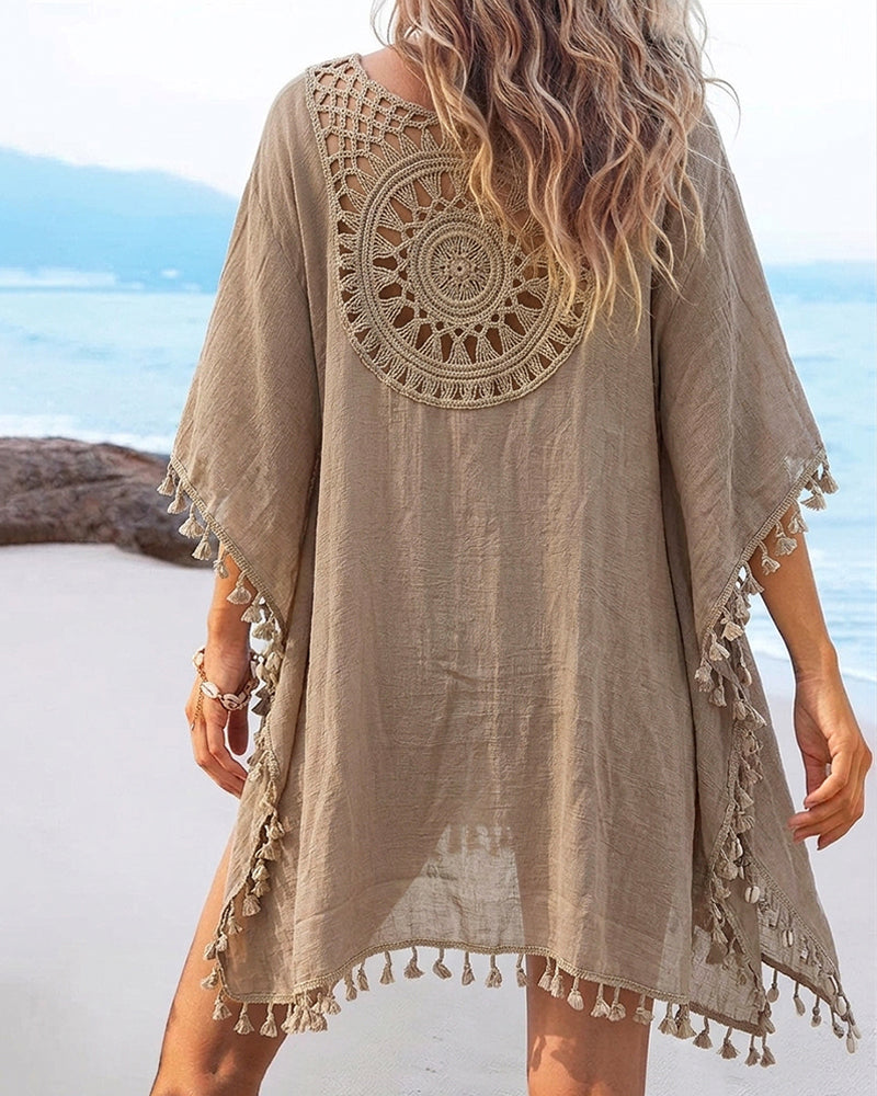 Women's Front & Back Reversible Beach Cover Up Crochet Lace Hollow Out Spliced Tassel Vacation Caftan Dress - Image 4
