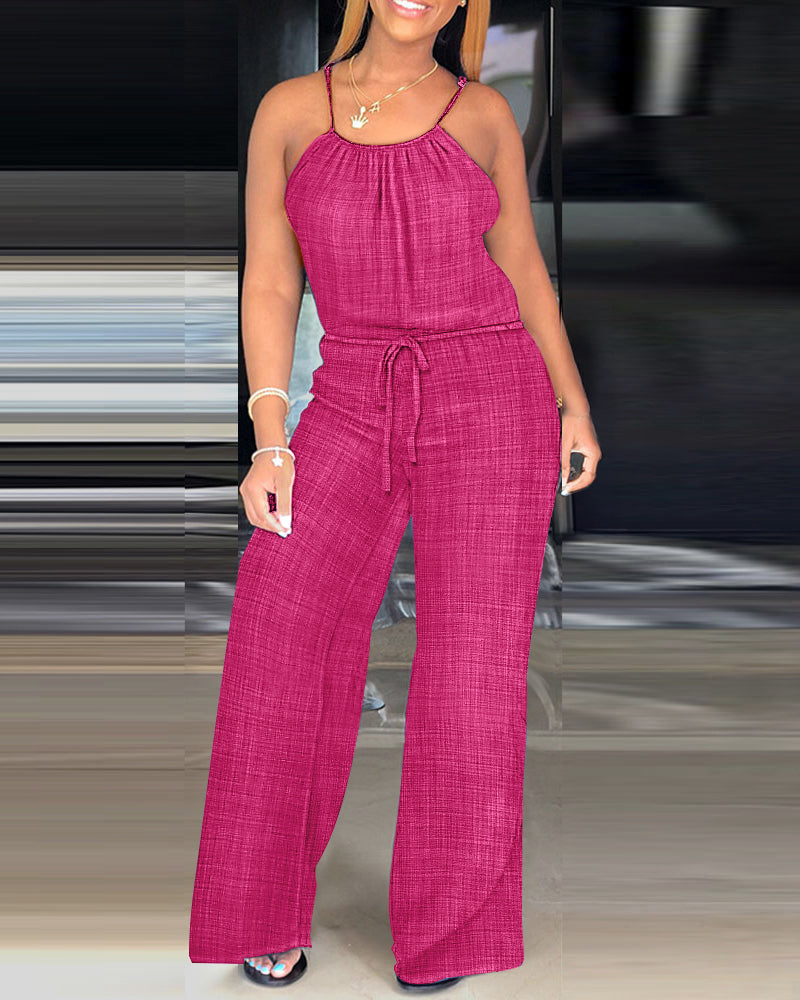 Womens Spaghetti Strap Drawstring Tied Waist Jumpsuit Casual Overalls - Image 20