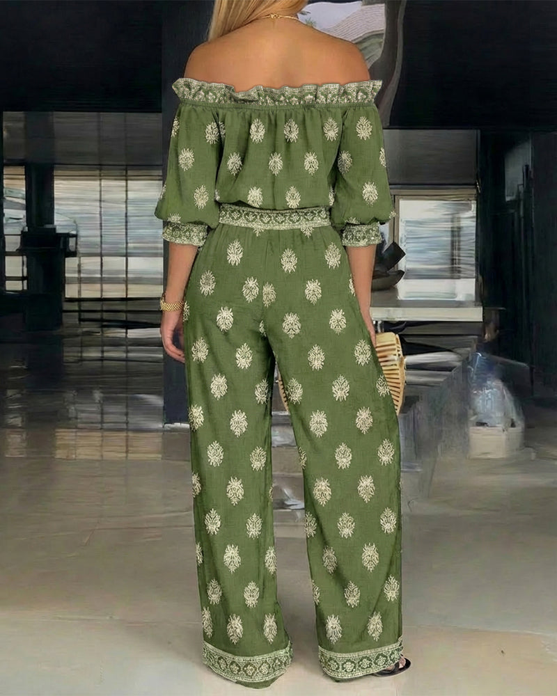 2 Pieces Outfit Stretchy Off Shoulder Half Sleeve Flared Cuffs Stretchy Hem Top and High Waist Elastic Back Waist Wide Leg Pants Set Casual Vintage Print Vacation Set - Image 2