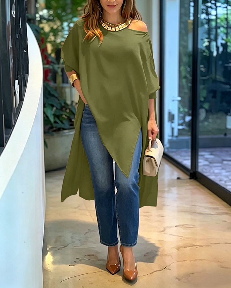 Women's Skew Neck Batwing Sleeve Tee Asymmetric Loose Cape Blouse Slit Elegant Top - Image 7