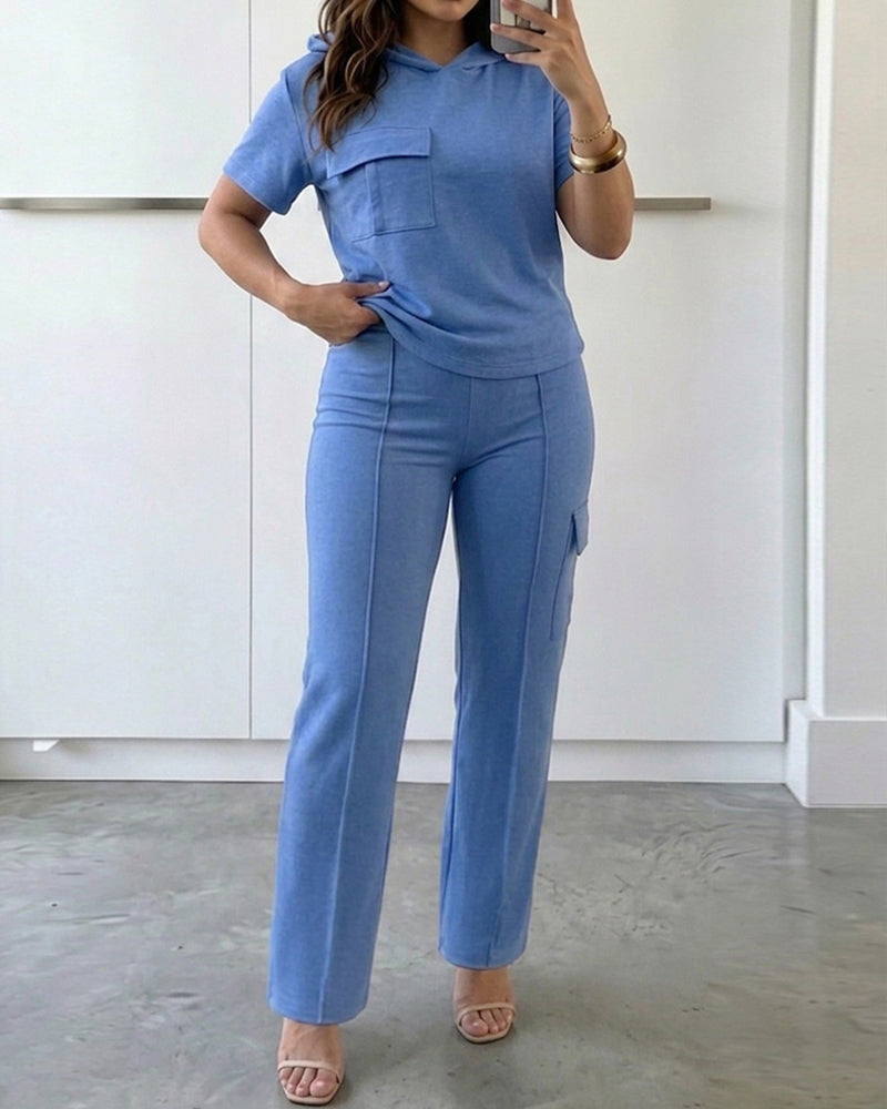 Women's Two Piece Outfits Short Sleeve Hoodie Top and High Waist Cargo Straight Leg Pants Set Casual Lounge Tracksuit - Image 5