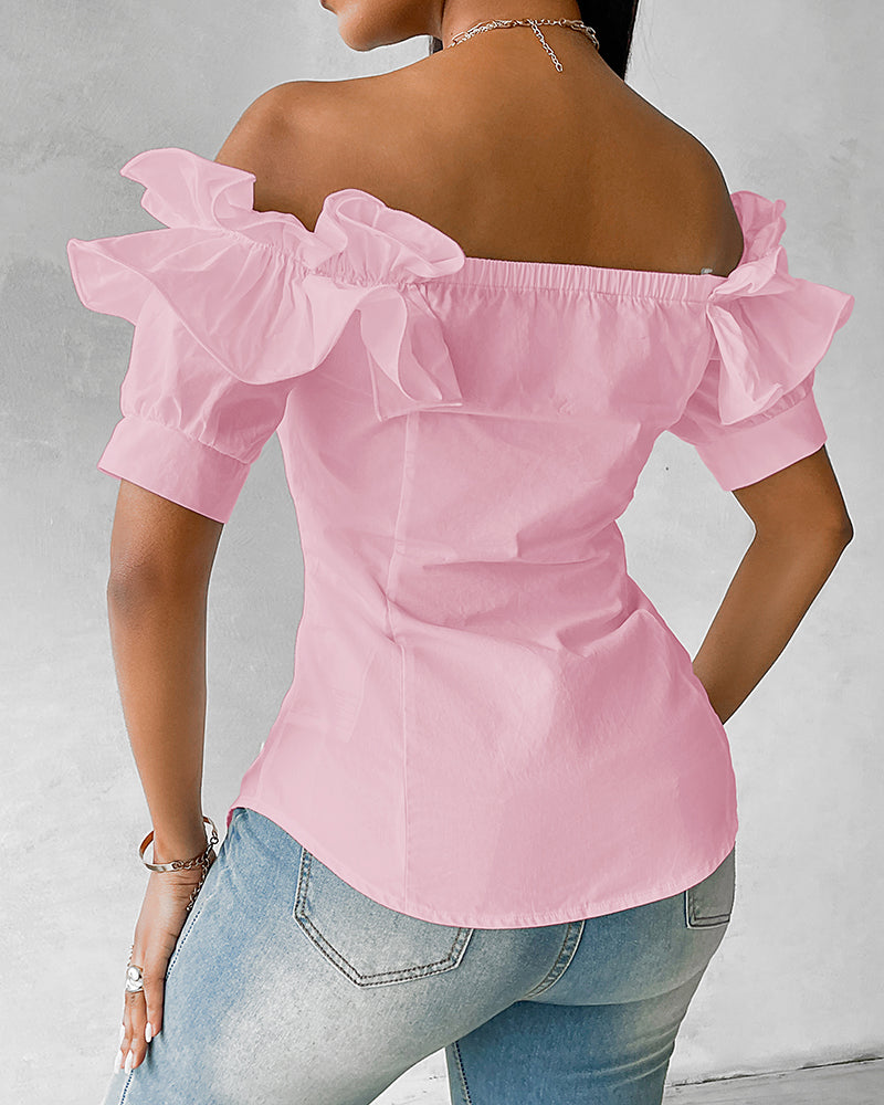Ruffles Off Shoulder Short Sleeve Button Front Blouse Asymmetrical Hem Top - Image 9