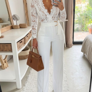 Crochet Lace Trim Deep V-Neck Floral Lace Spliced Ovearalls Casual Zipper Back Seam Front Jumpsuit with Belt