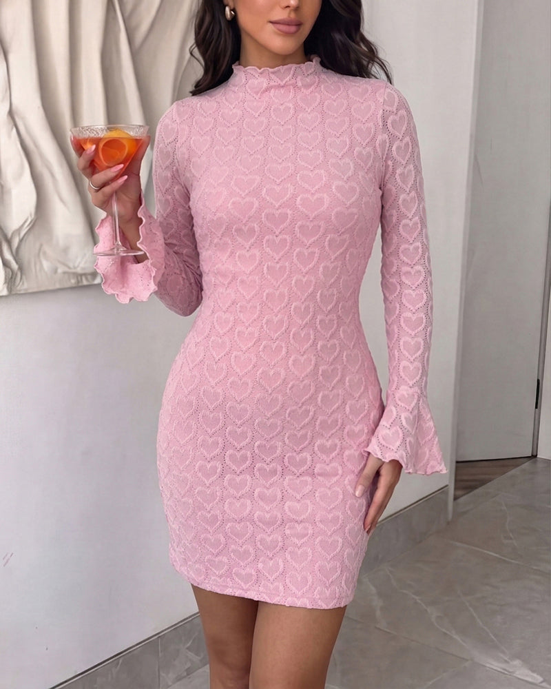 Women's Heart Jacquard Mini Dress Flared Cuffs Mock Neck Bodycon Dress Frill Hem Party Clubwear with Lining - Image 4