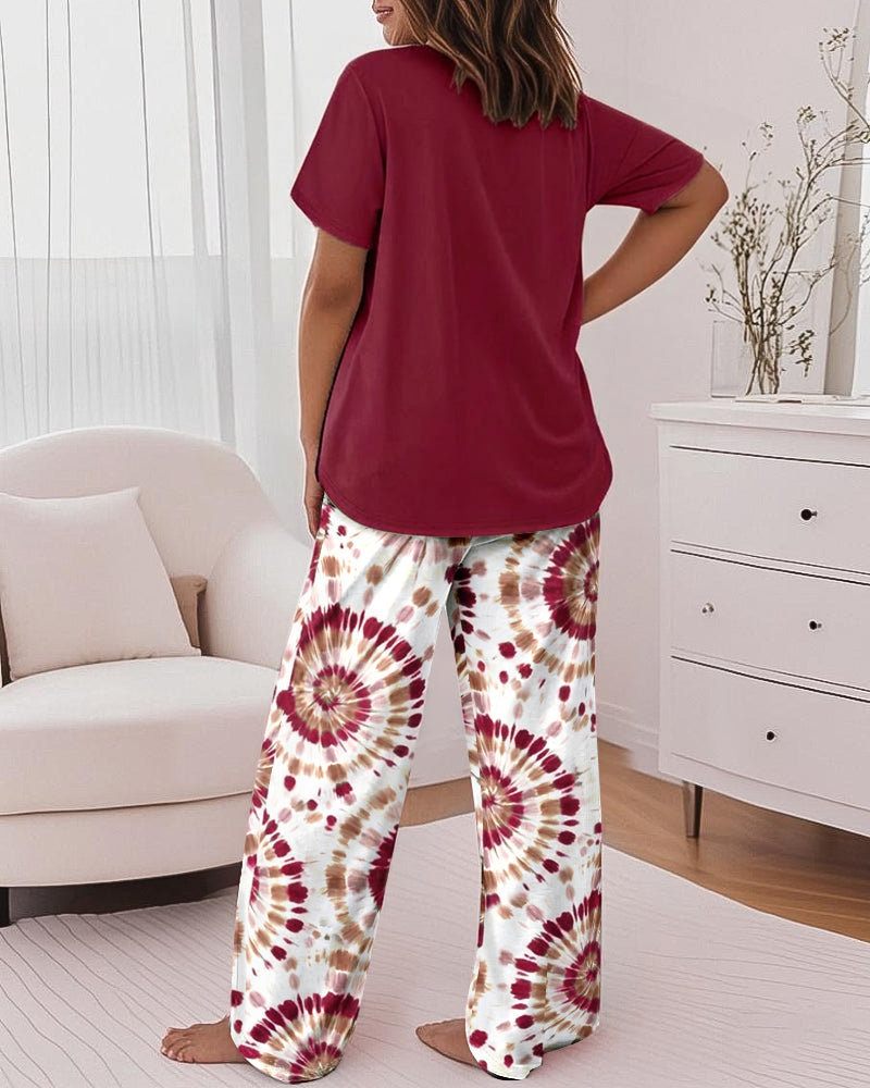 2 Pieces Outfit Faith Letter Print Short Sleeve Top and Tie Dye Print Elastic Waist Pants Set Casual Pajamas Set - Image 5