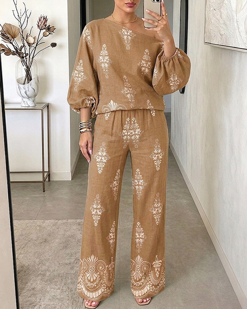 Women's 2 Piece Vintage Print Bohemian Outfit Skew Neck Lantern Sleeve Top and High Waisted Pants Set Casual Vacation Set - Image 3
