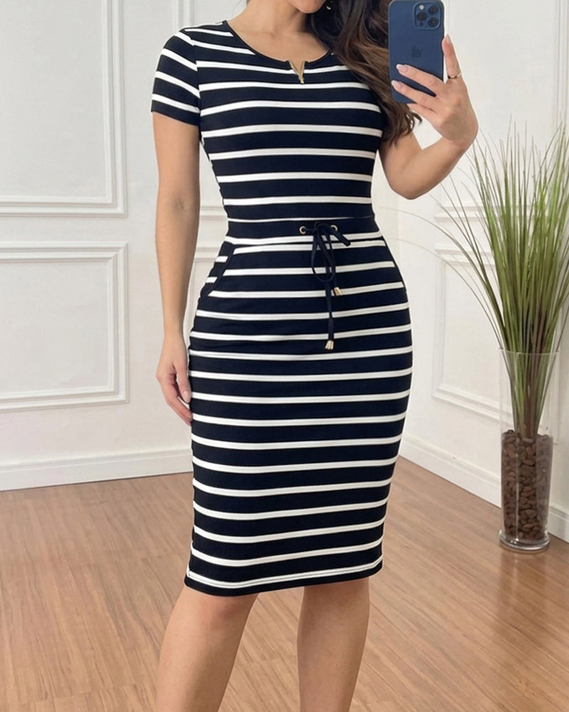 Women's Striped Midi Dress Short Sleeve Zipper Crewneck Dress High Waisted Drawstring Casual Dress with Pockets - Image 2