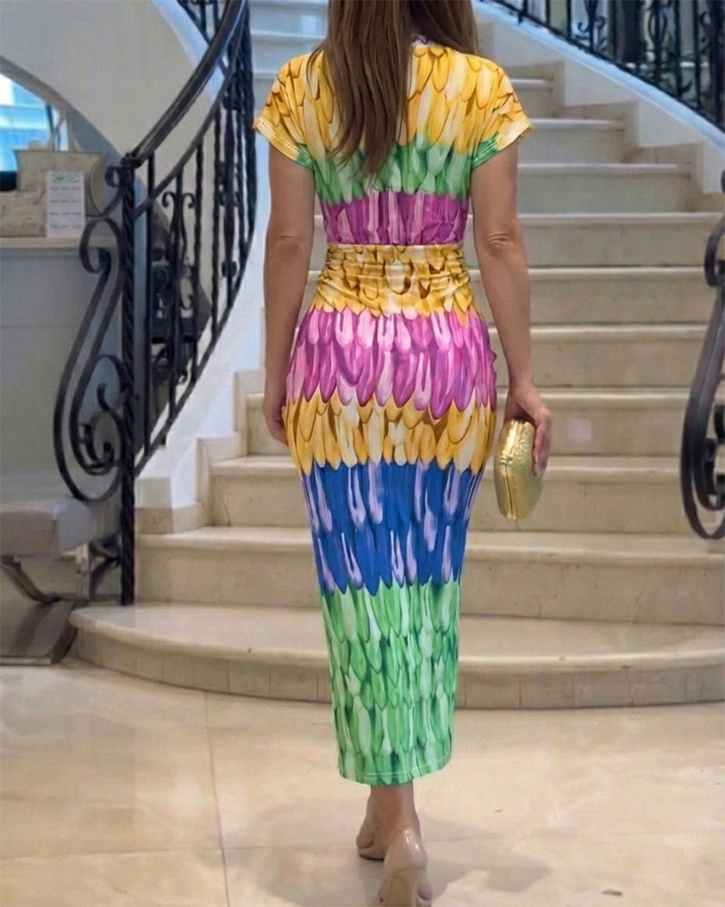Multi-color Print Deep V-Neck Front Slit Dress Casual Twist Front Cinched Waist Vacation Dress - Image 2