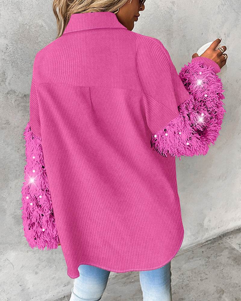 Contrast Sequin Turn-down Collar Long Sleeve Tassel Design Fuzzy Shacket with Pocket - Image 5