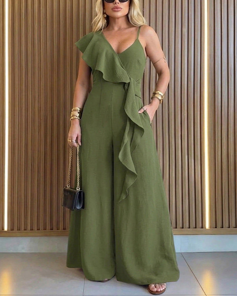 V-Neck Adjustable Spaghetti Straps Backless Overalls Casual Zipper Back Wide Leg Jumpsuit with Convertible Ruffles Tie Panel - Image 4