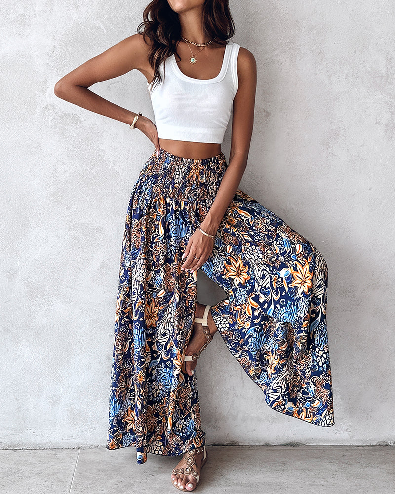 Boho Vintage Floral Print Shirred High Waist Wide Leg Pants - Image 2