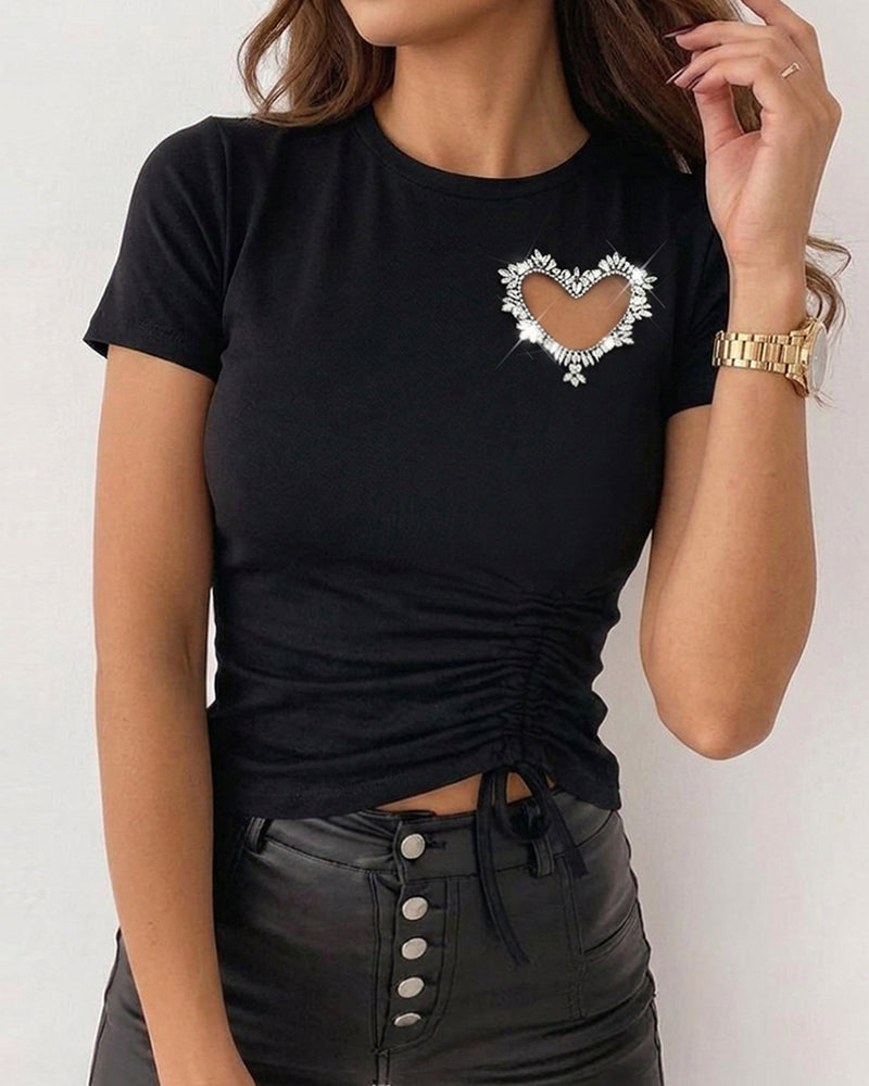 Women's Heart Cutout Rhinestone T-Shirt Short Sleeve Side Drawstring Ruched Top Slim Fit Sparkly Party Tee - Image 3