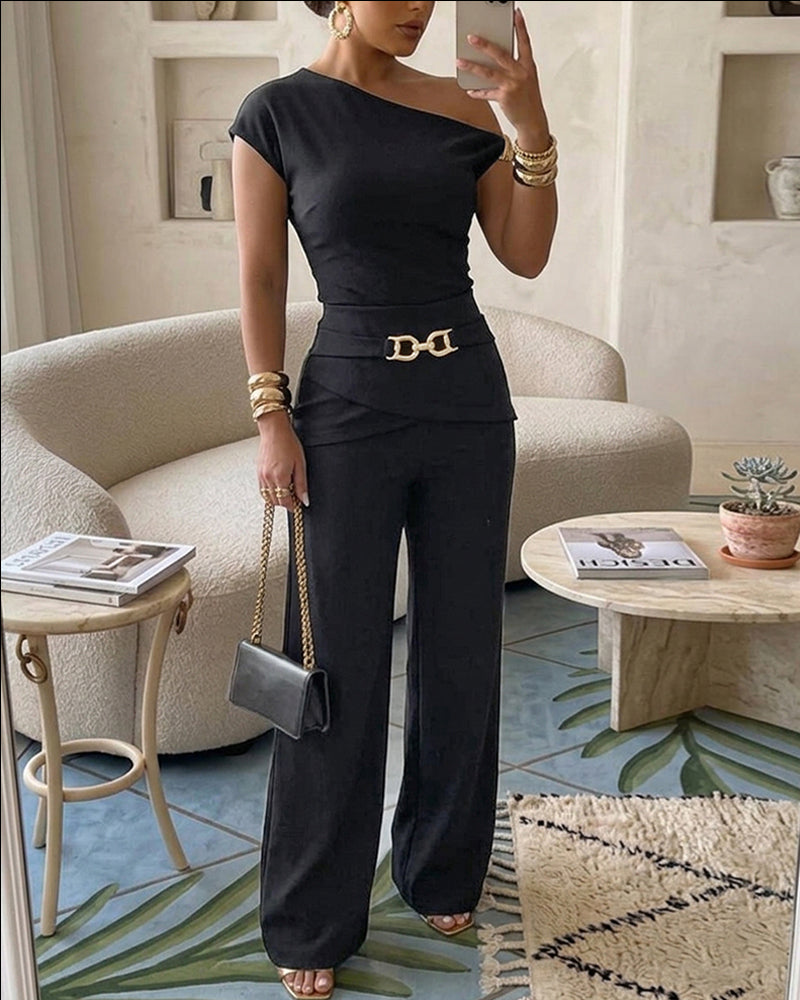 CHICME Women's 2 Piece Set Skew Neck Slim Fit Top and Elastic Waist Flare Pants with Metal Detail - Image 2