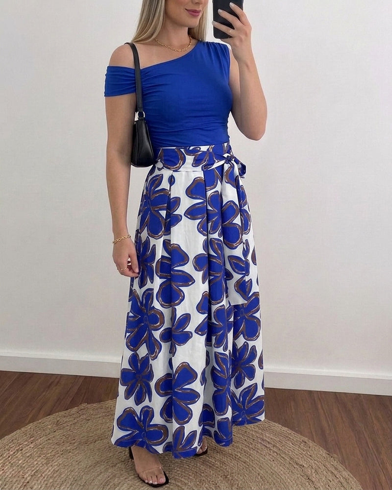 Women's 2 Piece Skirt Set Skew Neck Ruched Slim Fit Top and High Waisted Floral Print A Line Skirt with Pockets - Image 2