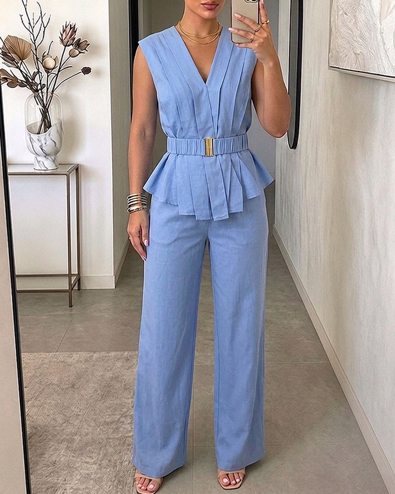 2 Pieces Outfit Pleated Design Deep V-Neck Sleeveless Asymmetrical Hem Top and Casual Elastic Waist Wide Leg Pants Set with Detachable Belt - Image 2