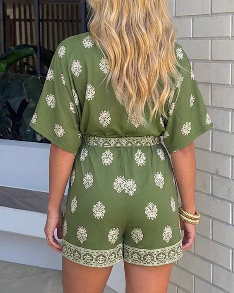 Women's Boho Vintage Print Romper V Neck Wrap Knot Side Jumpsuit Half Sleeve Beach Vacation Summer Skorts Romper - Image 2
