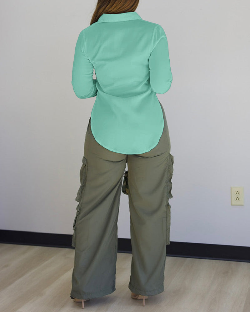 Turn-down Collar Roll Up Sleeve Button Front Shirt Casual Side Slit Curved Hem Top - Image 7