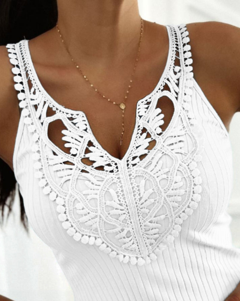 Contrast Lace V Neck Sleeveless Knit Top Casual Slim Fit Tank - Image 2
