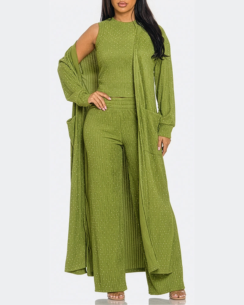 3 Pieces Outfits Cozy Comfort Glitter Long Sleeve Longline Coat and Cropped Ribbed Knit Tank Wide Leg Pants Set - Image 7