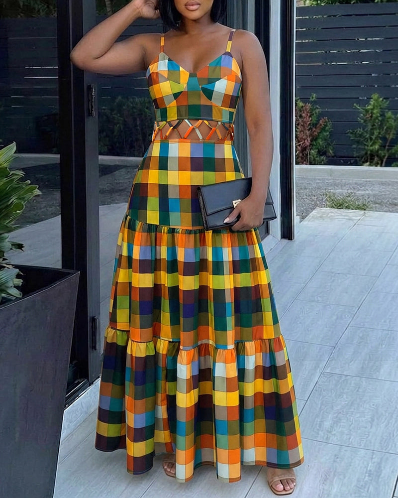Women's Colorblock Plaid Hollow-out Maxi Dress V Neck Backless Ruffle Cami Dress Casual Shirred Beach Sundress - Image 4