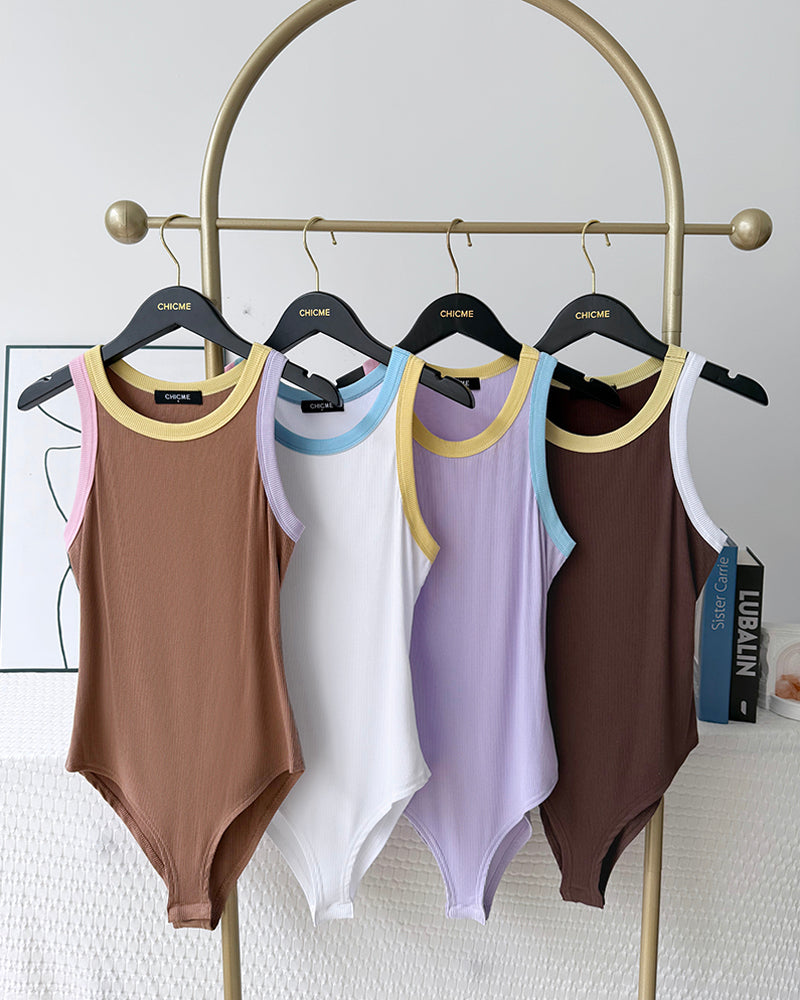 Women's Macaron Contrast Binding Bodysuit Ribbed Knit Sleeveless Slim Fit Bodysuit - Image 5