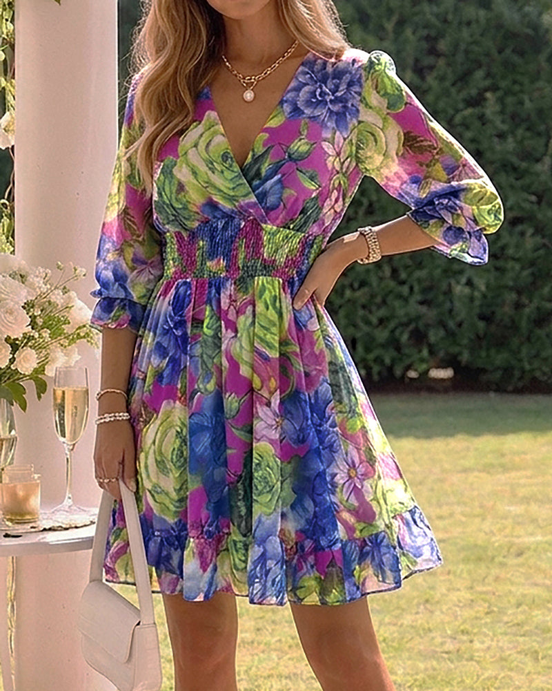 Floral Print Overlap V Neck Long Sleeve Shirred Waist Ruffle Hem Dress Casual Cinched Waist Flared Cuffs Chiffon Vacation Dress with Lining - Image 4