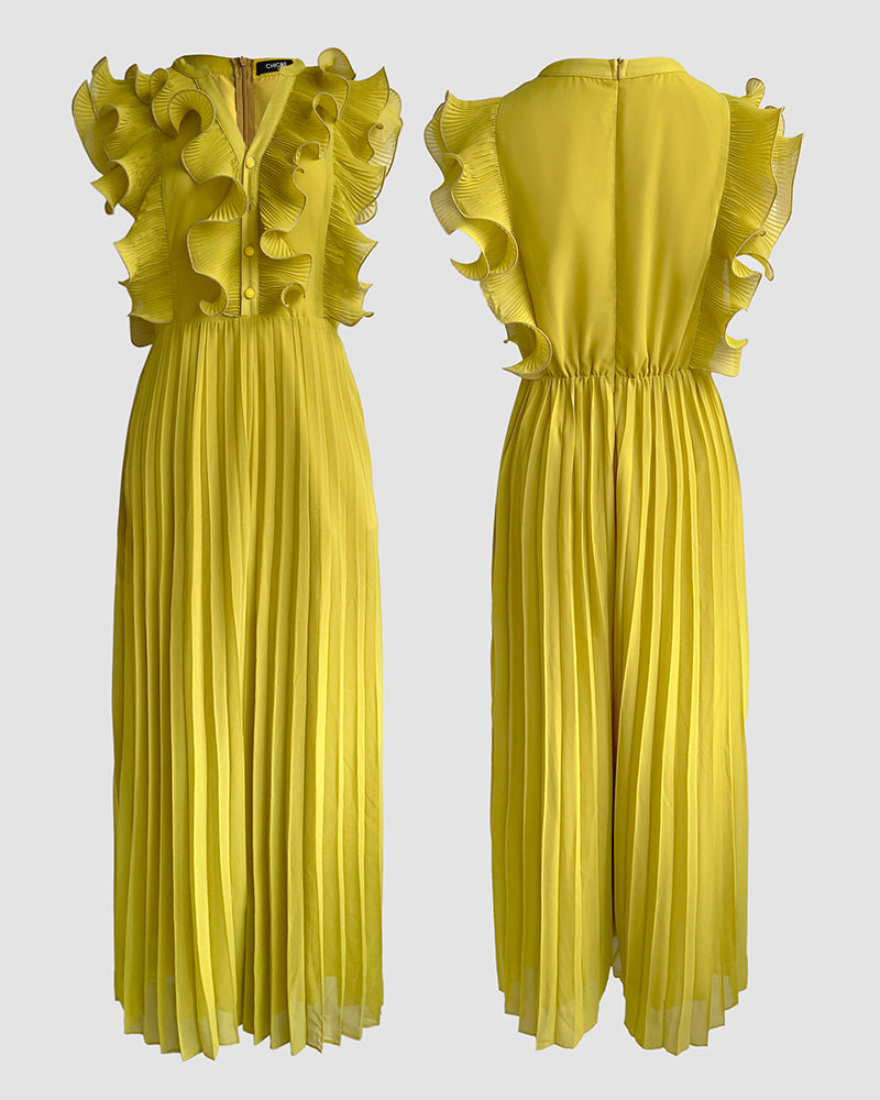 Ruffles Spliced V-Neck Sleeveless Button Front Pleated Overalls Casual Zipper Back Wide Leg Jumpsuit - Image 6