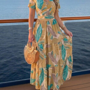 Plants Print V-Neck Short Sleeve Tie Waist Maxi Dress Casual Cinched Waist Ruffle Hem Vacation Dress