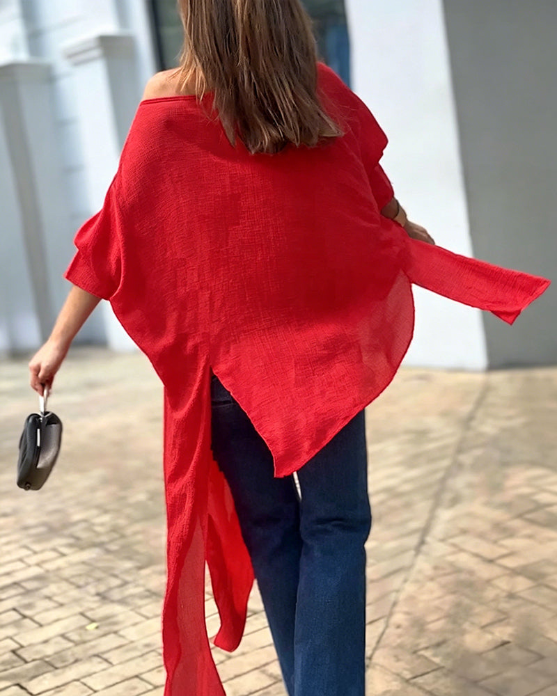 Women's Skew Neck Batwing Sleeve Tee Asymmetric Loose Cape Blouse Slit Elegant Top - Image 2