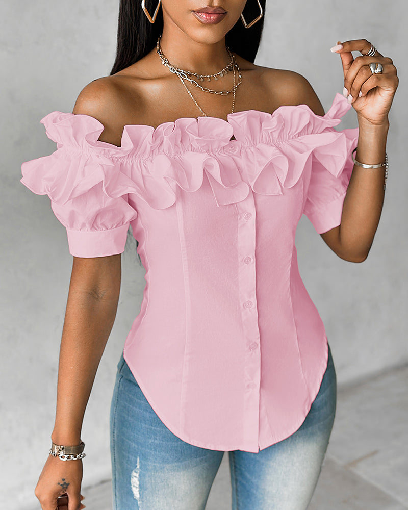 Ruffles Off Shoulder Short Sleeve Button Front Blouse Asymmetrical Hem Top - Image 10