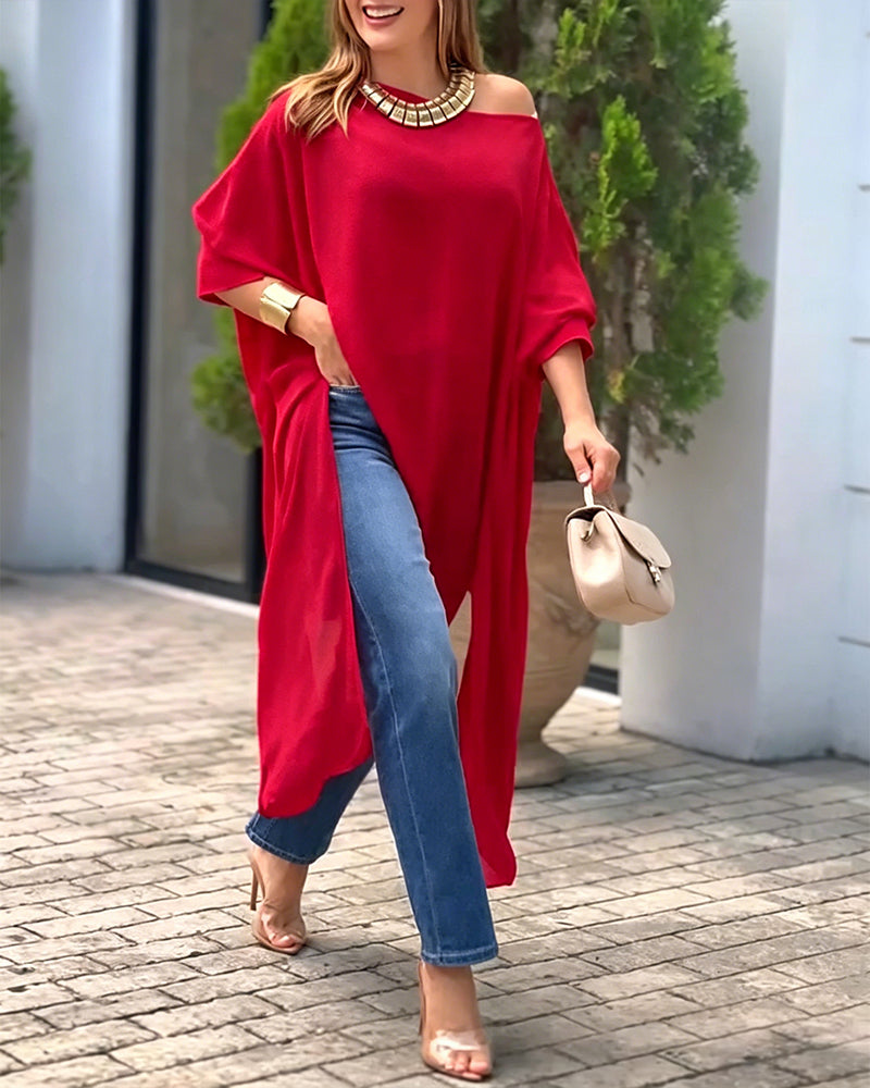 Women's Skew Neck Batwing Sleeve Tee Asymmetric Loose Cape Blouse Slit Elegant Top - Image 4