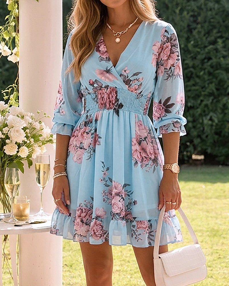Floral Print Overlap V Neck Three Quarters Sleeve Shirred Waist Ruffle Hem Dress Casual Cinched Waist Flared Cuffs Chiffon Vacation Dress with Lining - Image 4