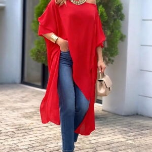 Women's Skew Neck Batwing Sleeve Tee Asymmetric Loose Cape Blouse Slit Elegant Top