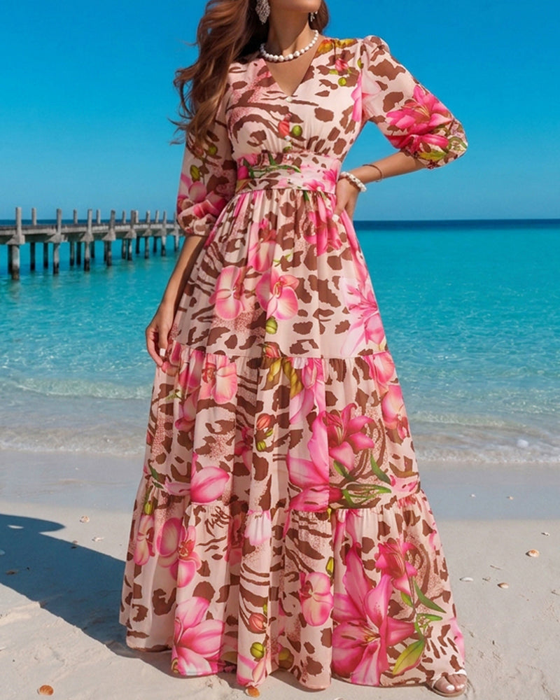 Women's Leopard Floral Print Dress V Neck Three Quarters Sleeve Ruffle Hem Dress Shirred Back A-Line Maxi Vacation Dress - Image 3