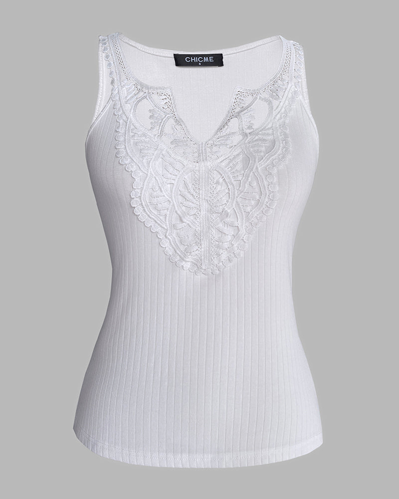 Contrast Lace V Neck Sleeveless Knit Top Casual Slim Fit Tank - Image 3