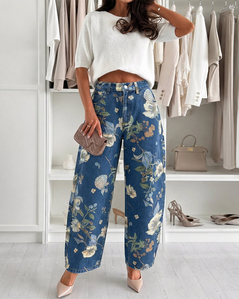 Women's Floral Printed Jeans High Waisted Barrel Denim Pants Vintage Relaxed Trousers - Image 5